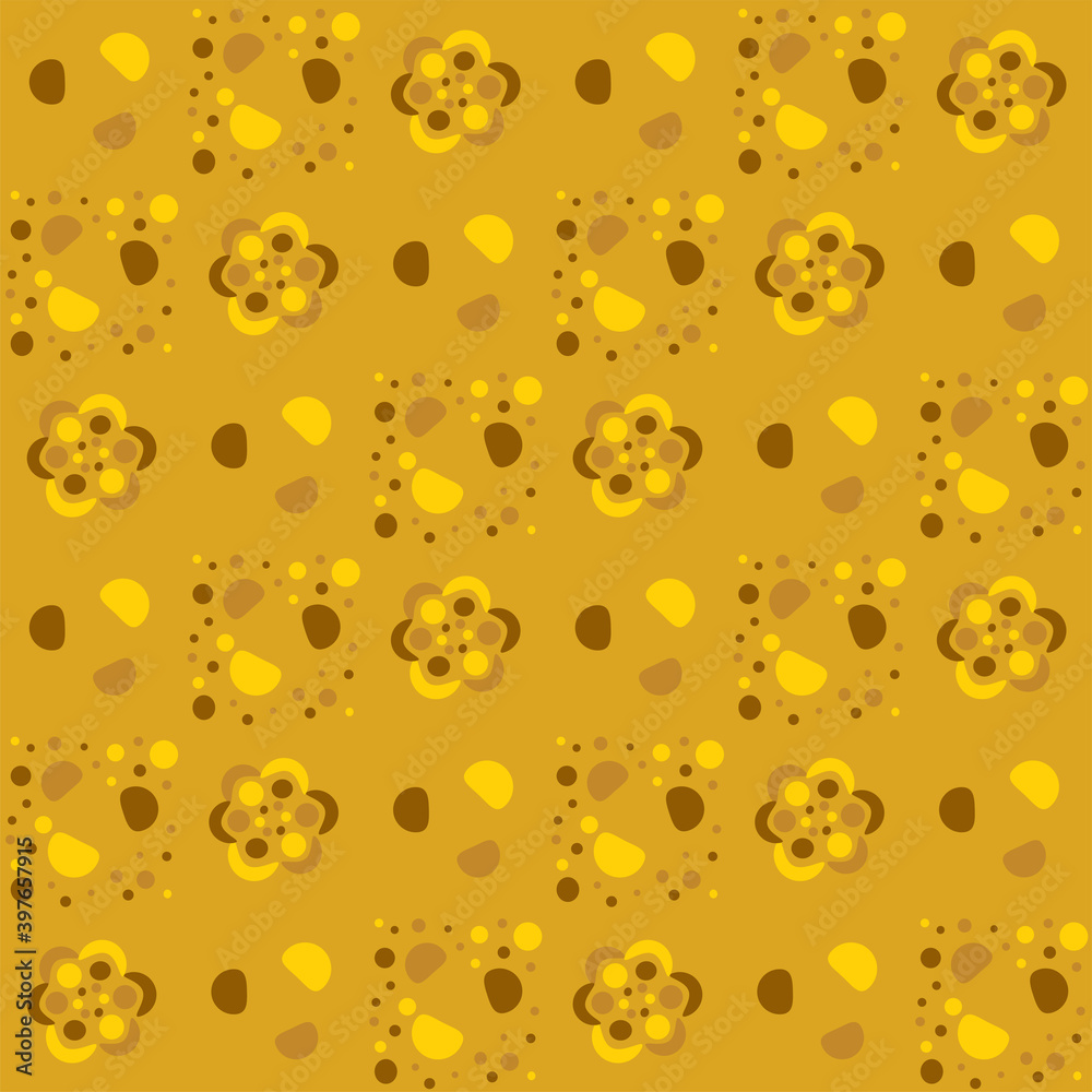Fortuna gold geometric pattern of small and large circles and bubbles. Fortuna gold background with yellow, brown flower Fortuna gold geometric pattern of small and large circles and bubbles. Fortuna gold background with yellow, brown flower