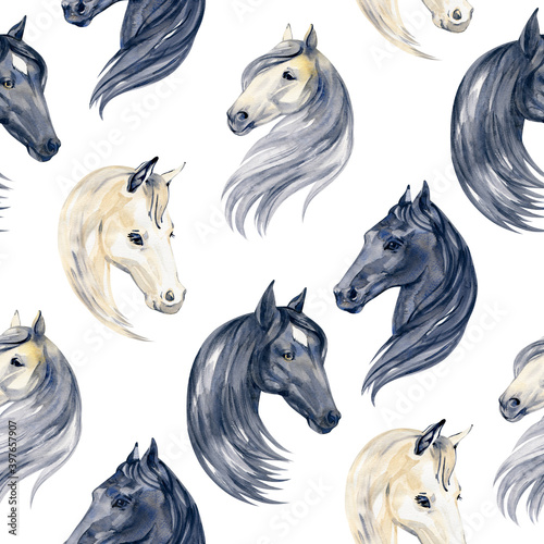 Watercolor painting seamless pattern with horses portraits