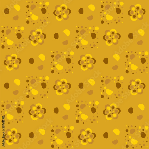 Fortuna gold geometric pattern of small and large circles and bubbles. Fortuna gold background with yellow, brown flower