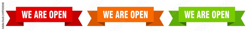 we are open ribbon. we are open isolated paper sign. banner