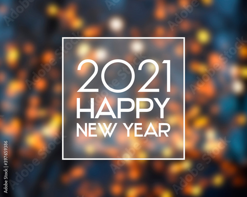 2021 Happy New Year christmas golden bokeh lights background frame stock images. 2021 New Year sign on a glowing background. Happy New Year 2021 night defocused lights texture greeting card images
