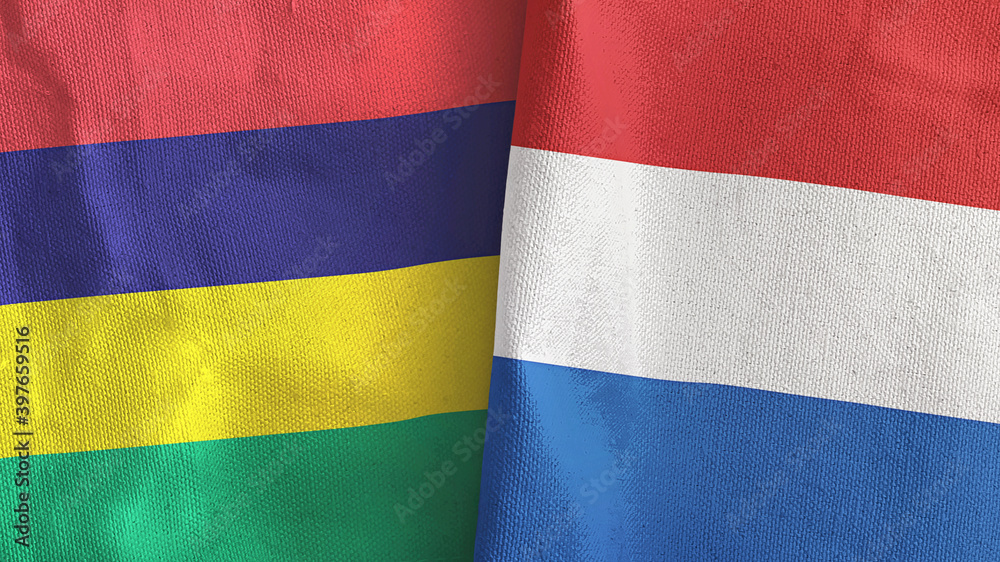 Netherlands and Mauritius two flags textile cloth 3D rendering