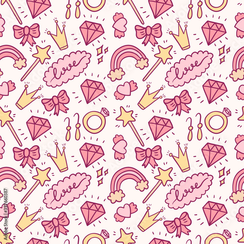 Vector pink seamless pattern. Cute doodle isolated illustration. Princess girl jewelry. Background or brown paper decoration.