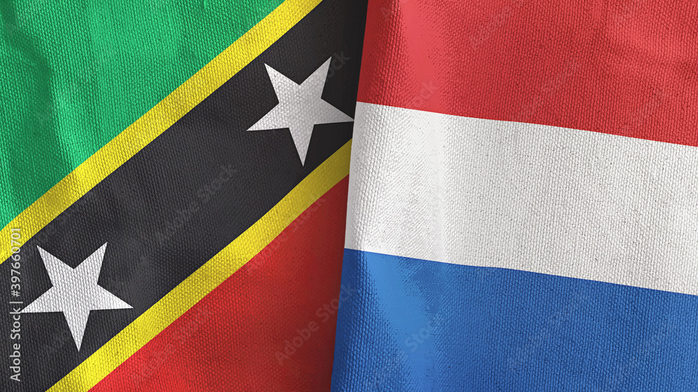 Netherlands and Saint Kitts and Nevis two flags textile cloth 3D rendering