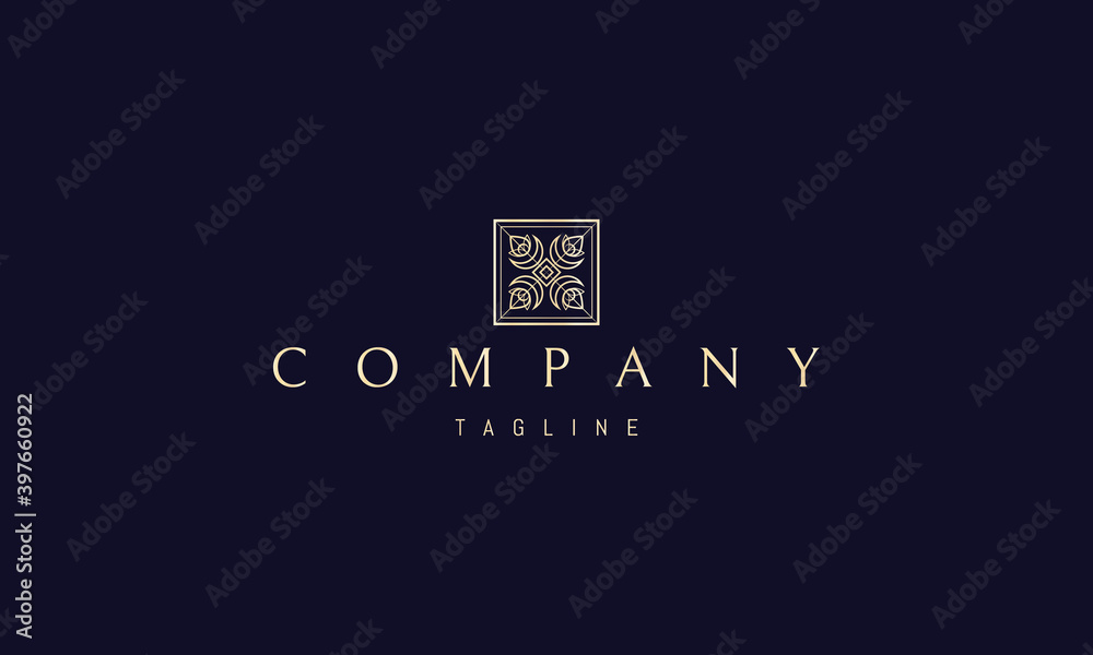 Vector golden logo on which an abstract image of a floral pattern with a moon in a square. Vector golden logo on which an abstract image of a floral pattern with a moon in a square.