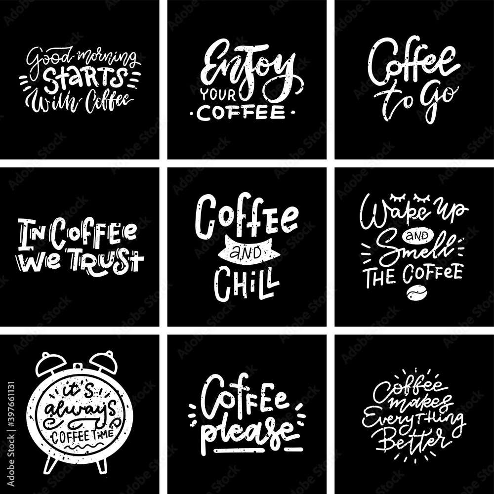 Set Coffee banner or typography, lettering hand drawn on black chalkboard background. Textured vector illustration Set Coffee banner or typography, lettering hand drawn on black chalkboard background. Textured vector illustration