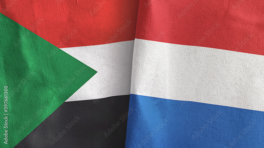 Netherlands and Sudan two flags textile cloth 3D rendering