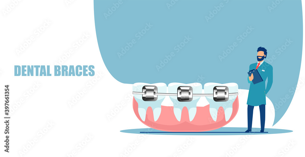 Vector of a dentist standing near teeth with dental braces