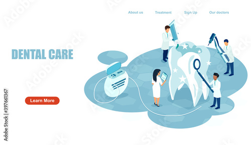 Vector of a team of dentists cleaning, checking up a tooth