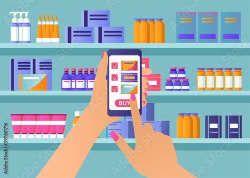 Vector of a woman filling pharmacy prescription online using smartphone app