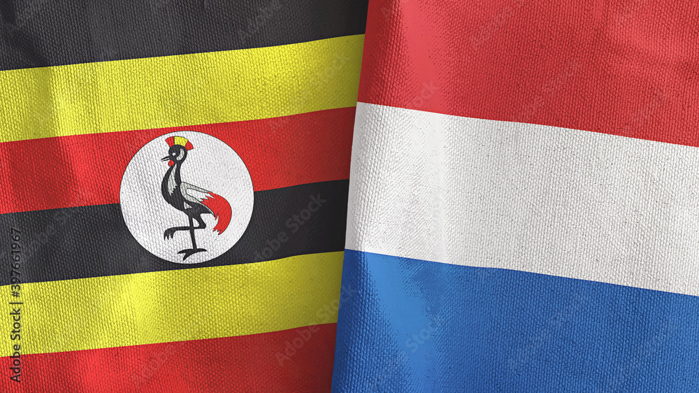 Netherlands and Uganda two flags textile cloth 3D rendering