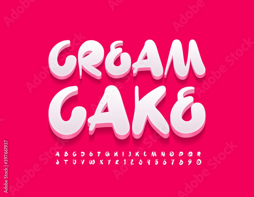 Vector tasty logo Cream Cake. White handwritten Font. Creative Alphabet Letters and Numbers set