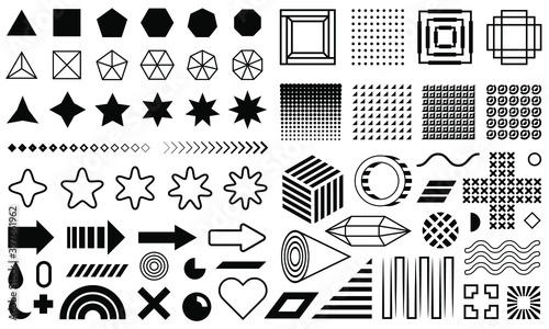 Vector set of geometric black design elements. Memphis collection. Flat shapes. Memphis patterns, dots, waves, zigzags, arrows, flowers isolated on white background. 