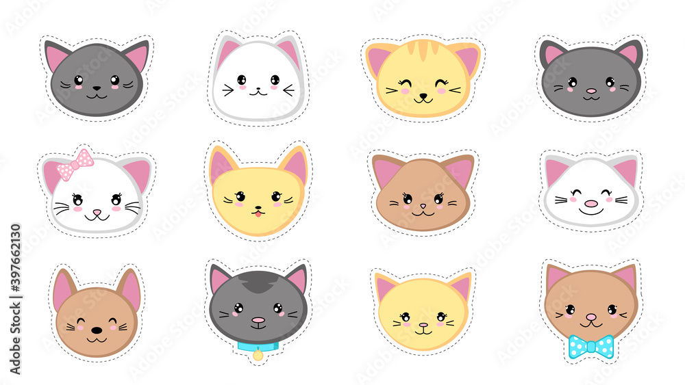 Faces of cute cartoon kittens. Set of cat stickers in kawaii style. Isolated on a white background. Vector illustration.
