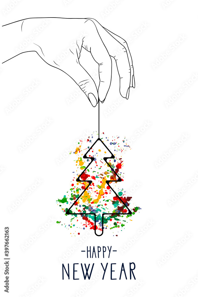 HAPPY NEW YEAR! Card. Christmas tree with watercolor blots. JPG