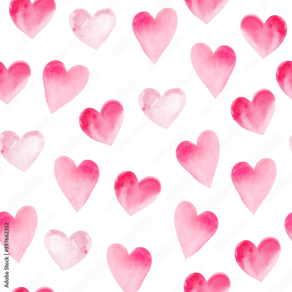 Seamless pattern with watercolor hearts on white background