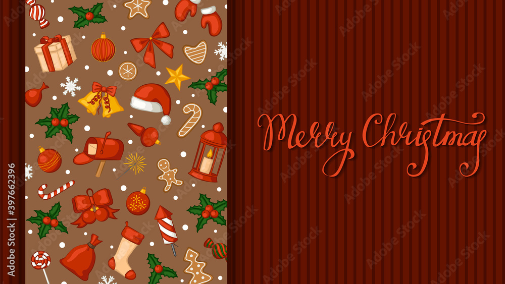 Fototapeta premium Merry Christmas banner. Greeting card template decorated with traditional Christmas items. Vector illustration.