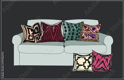 A set of sofa and bright pastel throw pillows. All items are isolated, can be moved and enlarged, reduced. Interior Design. Sofa and armchair, furniture. Vector isolated objects.