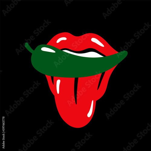 Red lips and hot chilli pepper. Rock and roll chili red lips . Vector illustration.
