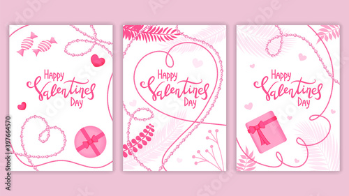 Happy Valentine's day set of greeting cards. Pink decorative items on a white background. Vector illustration.
