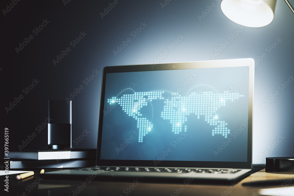 Abstract creative world map with connections on modern laptop screen, international trading concept. 3D Rendering Abstract creative world map with connections on modern laptop screen, international trading concept. 3D Rendering