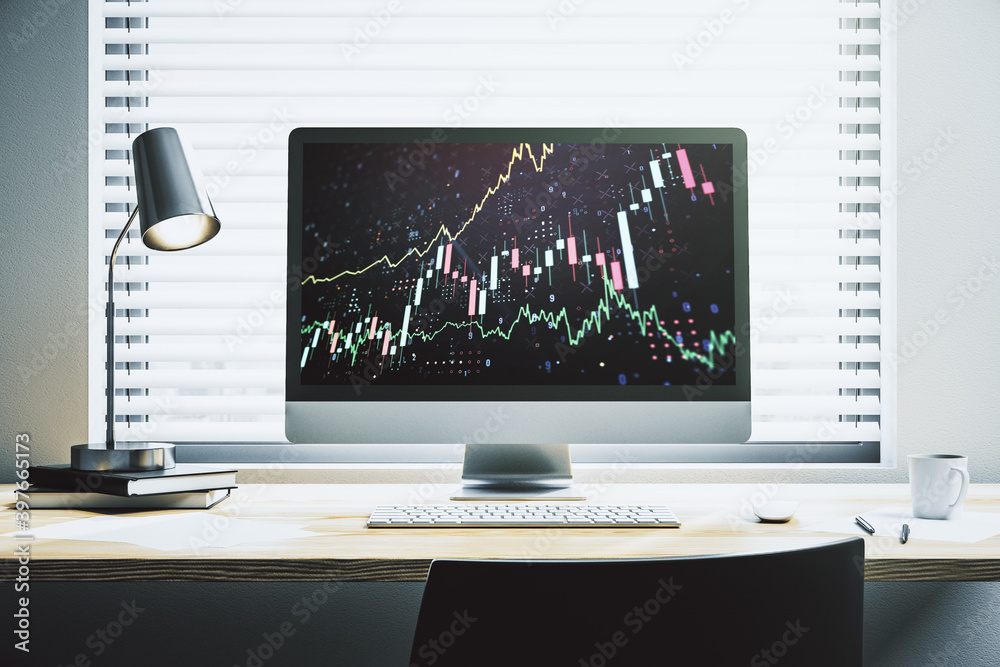 Modern computer screen with abstract financial diagram, banking and accounting concept. 3D Rendering Modern computer screen with abstract financial diagram, banking and accounting concept. 3D Rendering
