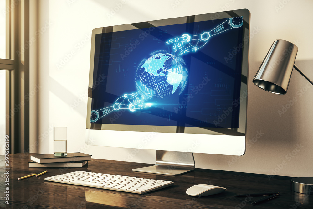 Creative concept of robotics technology with globe sketch on modern laptop screen. Robot development and automation concept. 3D Rendering Creative concept of robotics technology with globe sketch on modern laptop screen. Robot development and automation concept. 3D Rendering