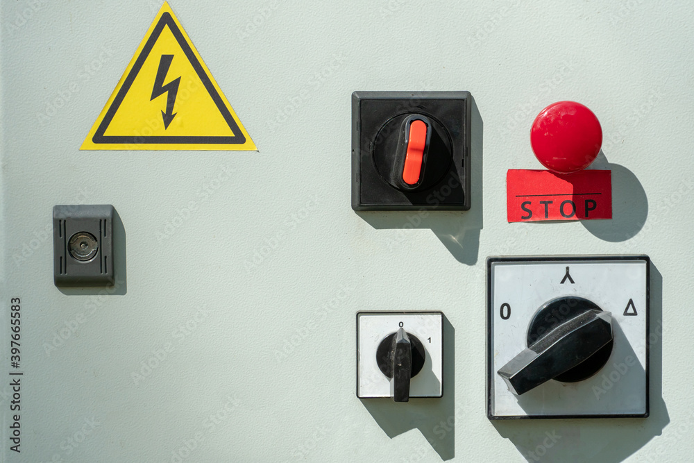 Technical display on control panel with electric devices. Electrical control panel in factory. Control panel water pumping station Technical display on control panel with electric devices. Electrical control panel in factory. Control panel water pumping station