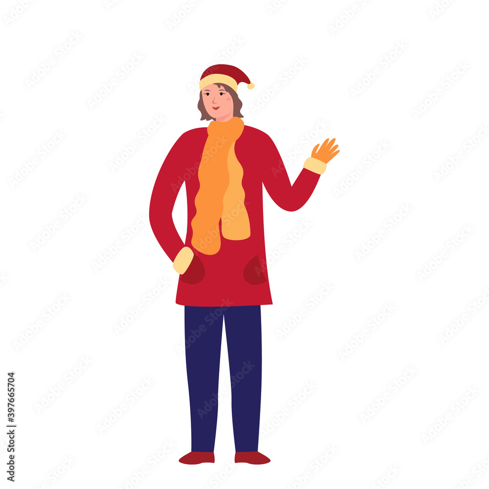 Portrait of a cartoon girl in a New Year's coat and hat for festive purposes. Vector in flat style. A young girl smiles happily and waves her hand. Merry Christmas! Happy New Year! Winter 