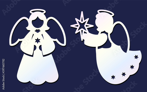 Laser cutting template. Set of christmas angels. Silhouette of christmas decoration. Paper cutout. Vector for wedding invitation, birthday card. Stencil for baptism. Die cut design.