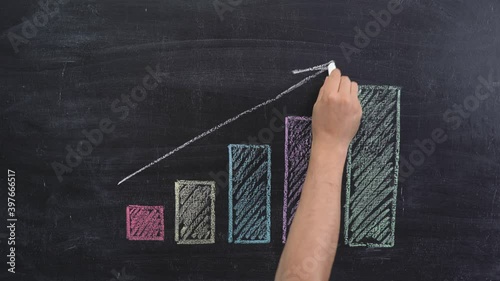 A hand writes the word ECONOMY over a growth graph on a chalkboard
