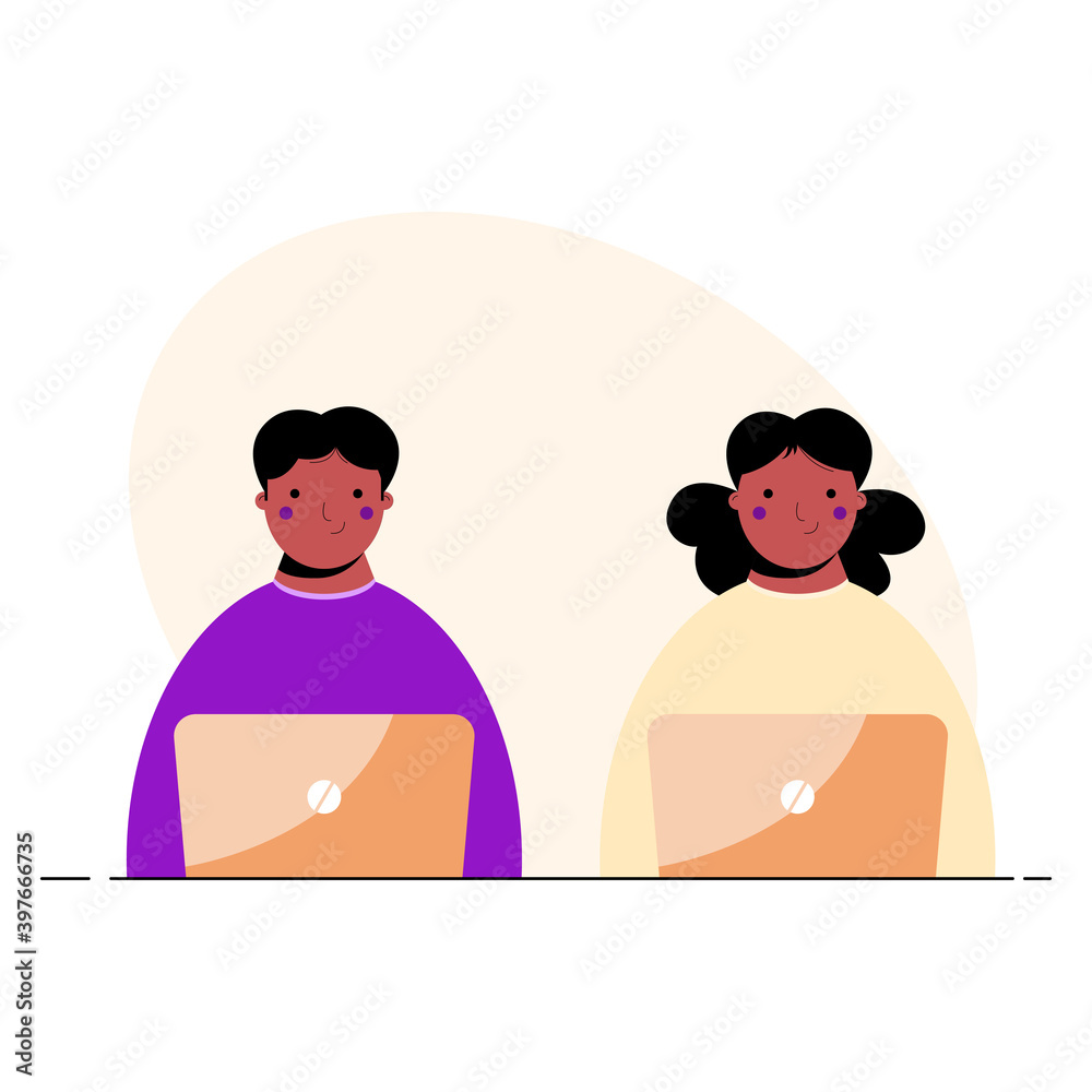 Students with laptops. Modern vector design. Online education and learning process. Flat character Students with laptops. Modern vector design. Online education and learning process. Flat character