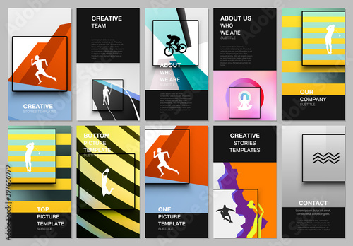 Social networks stories design, vertical banner or flyer templates. Covers templates for flyer, leaflet, brochure, banner. Abstract sport backgrounds in unique style for sport event, fitness design.