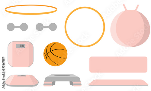set of sports equipment, equipment for the gym. Items for fitness, sports at home. Vector illustration.