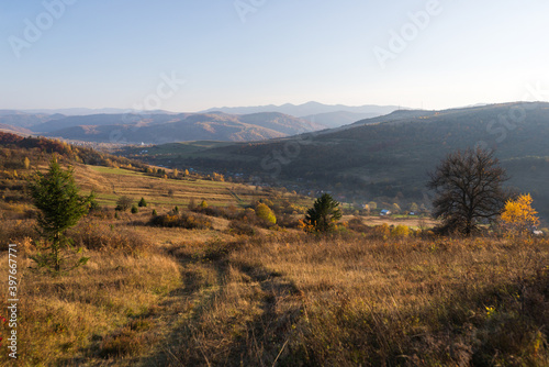 Road to Urych village in autumn, Lviv Region, Carpathian mountains, Ukraine