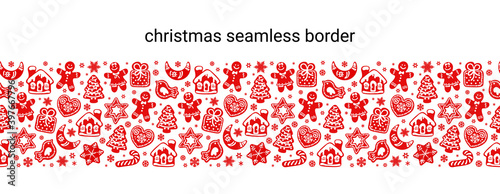 Christmas and New Year seamless pattern. Silhouette of traditional Christmas gingerbread cookies and snowflakes on white background. Vector illustration.