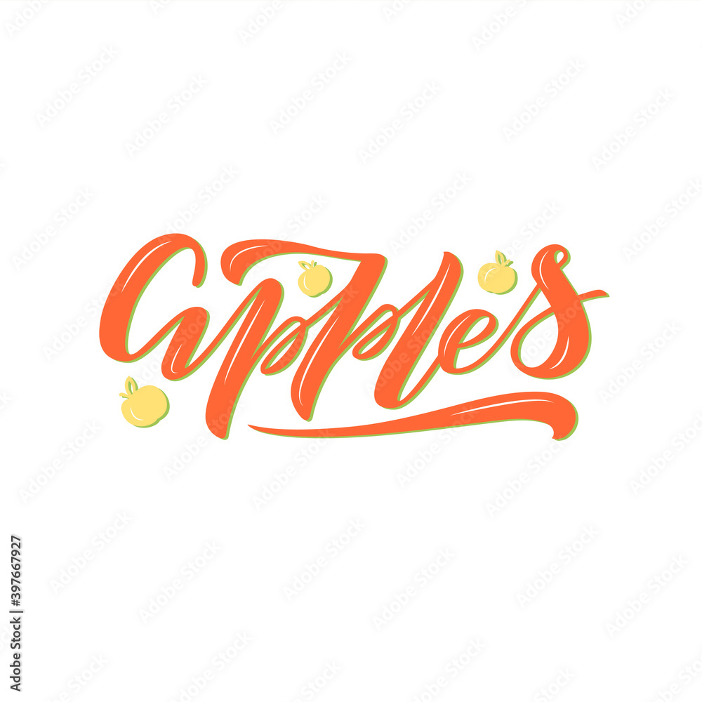 Vector illustration of apples lettering for banner, flyer, poster, clothes, logo, advertisement design. Handwritten text for template, billboard, printing. Fruit shop signage made with brush pen
