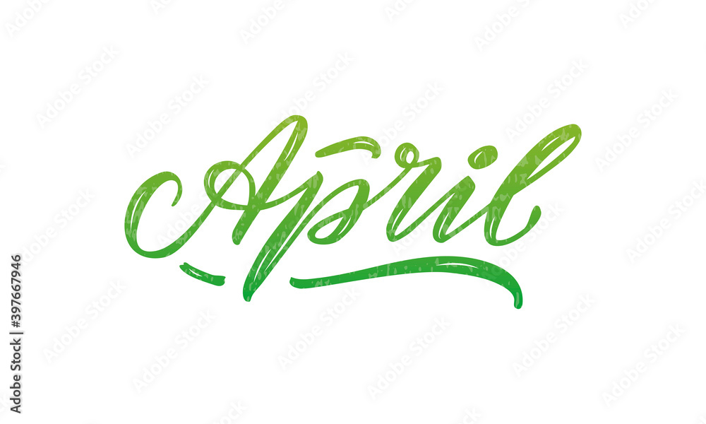 Plakat Vector illustration of april lettering for banner, signage, poster, greeting card, shop advertisement, souvenirs, calendar design. Handwritten green isolated word with texture
