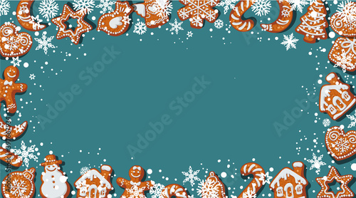 Christmas or New Year background with homemade gingerbread cookies on green blue background with flour and snowflakes. Place for text. Cartoon hand drawn vector illustration.