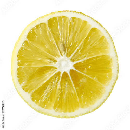 Top view of textured ripe lemon citrus slice isolated on white background. Lemon slice with edged path