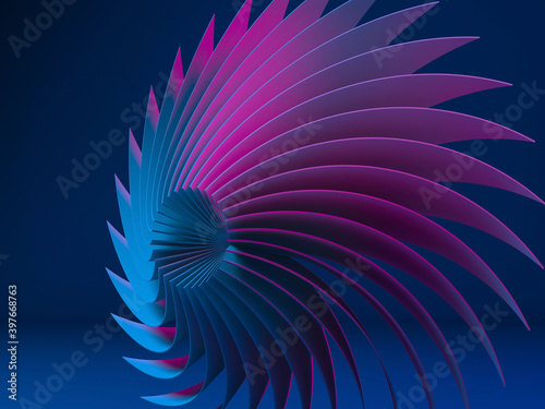 Dark abstract neon colored bent spiral structure 3 d