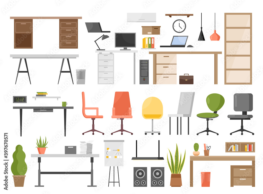 Office furniture vector illustration set isolated on white. Cartoon ...