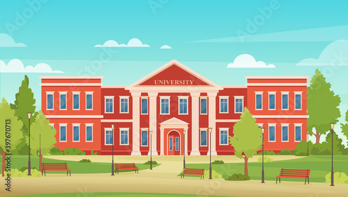 Cartoon urban cityscape with college campus facade or academy for students, entrance to library, high school or university architecture background. University campus city building vector illustration.