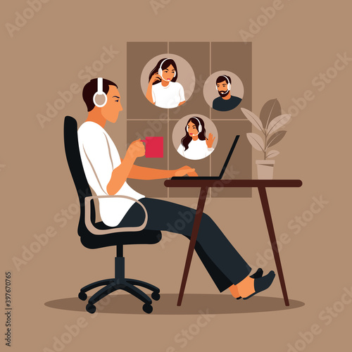 Man using computer for collective virtual meeting and group video conference. Man at desktop chatting with friends online. Video conference, remote work, technology concept.