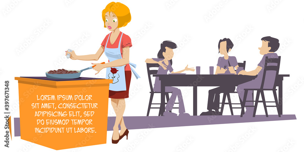 Woman cooking food for family. Man and children at table. Picture concept for web page design.