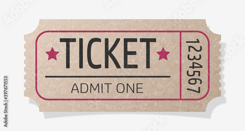 Cinema old type ticket isolated on a white background with shadow. Vector  illustration. Top view. Holiday illustration for postcard, banner, cards, decor, design, arts, advertising.