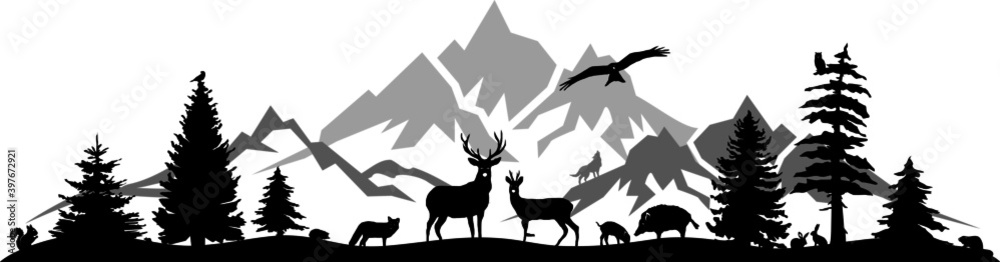 Landscape Mountain Tree Animals Silhouette