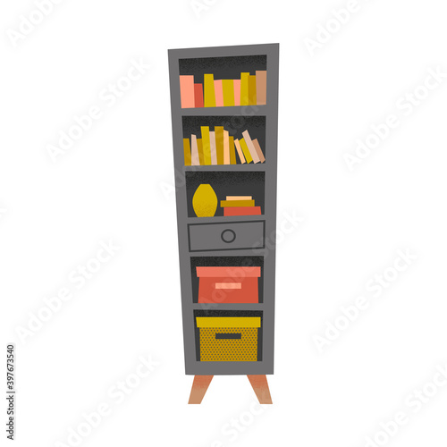 Modern bookcase illustration. Black bookshelf with book decor. bookstand on wooden legs for you room interior design in flat cartoon style