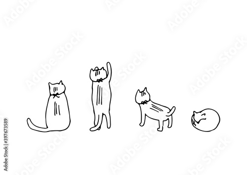シンプルで癒される猫の線画イラストセット(黒線)