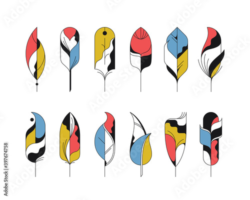 Graphical abstract isolated feathers' icons set.